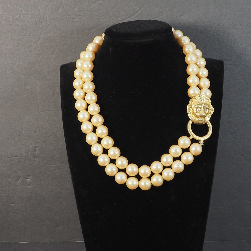 KJL Avon Necklace Gold Tone Lion Head Clasp Faux Pearl Double Strand Vintage